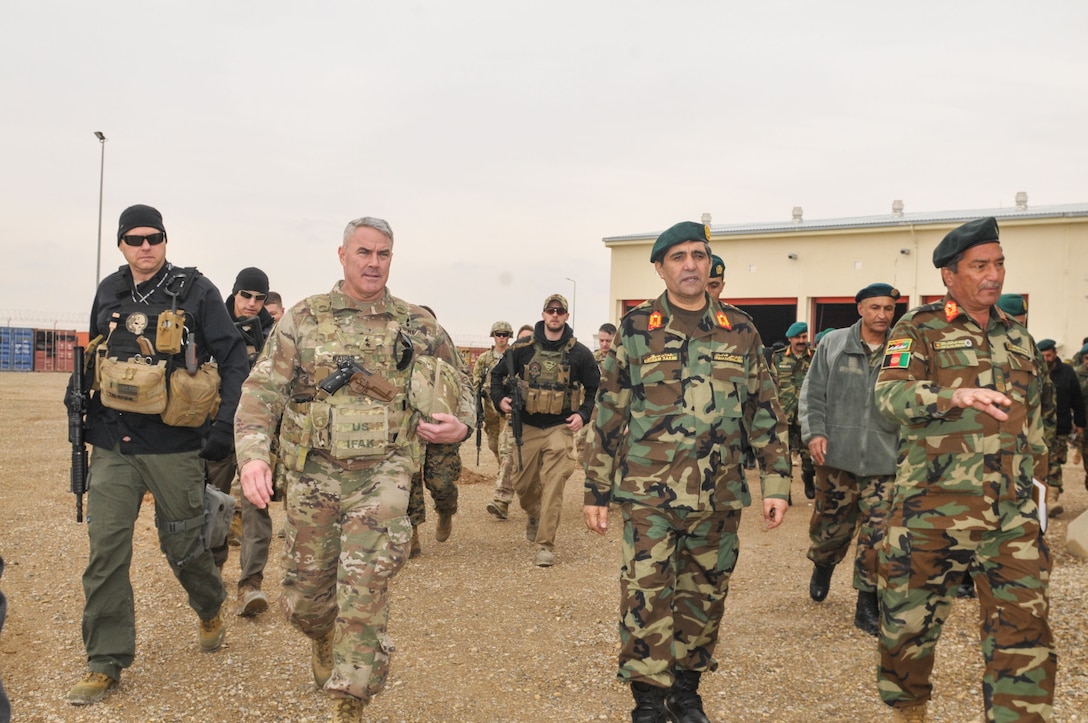 Maj. Gen. Richard G. Kaiser, commanding general of Combined Security Transition Command-Afghanistan, tours the logistics warehouses of the 215th Corps in Helmand in February, 2017, to assess logistical challenges and evaluate next steps to build capacity and sustainment progression for Operation Shafaq II Campaign. Accompanying him was Afghan Maj. Gen. Ahmadzai Sakhi, assistant director of the Ministry of Defense for technology, acquisition and logistics.



"Our visit to the 215th Corps was to observe the Operation Shafaq II campaign sustainment progression by senior leadership from MoD and to personally evaluate critical areas where Combined Security Transition Command- Afghanistan can provide support," said Maj. Gen. Richard G. Kaiser, commanding general of CSTC-A. (U.S. Navy photo by Lt. j.g. Egdanis Torres Sierra, Combined Security Transition Command CSTC–A Public Affairs)