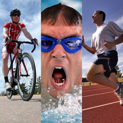 Athletes participating in the Lazyman Triathlon are given the entire month of February to complete the events of a traditional triathlon. Participants must run 26.2 miles, swim 2.4 miles and ride a distance of 112 miles on a bicycle. (U.S. Air Force graphic/Senior Airman Arielle Vasquez)