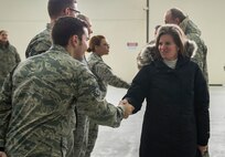 Ms. Kristin K. French, Principal Deputy to the Assistant Secretary of Defense for Logistics and Materiel Readiness, greets 5th Maintenance Group Airmen at Dock 8 at Minot Air Force Base, N.D., Feb. 7, 2017.  French received an external and internal tour of a B-52H Stratofortress. (U.S. Air Force photo by Senior Airman Apryl Hall)