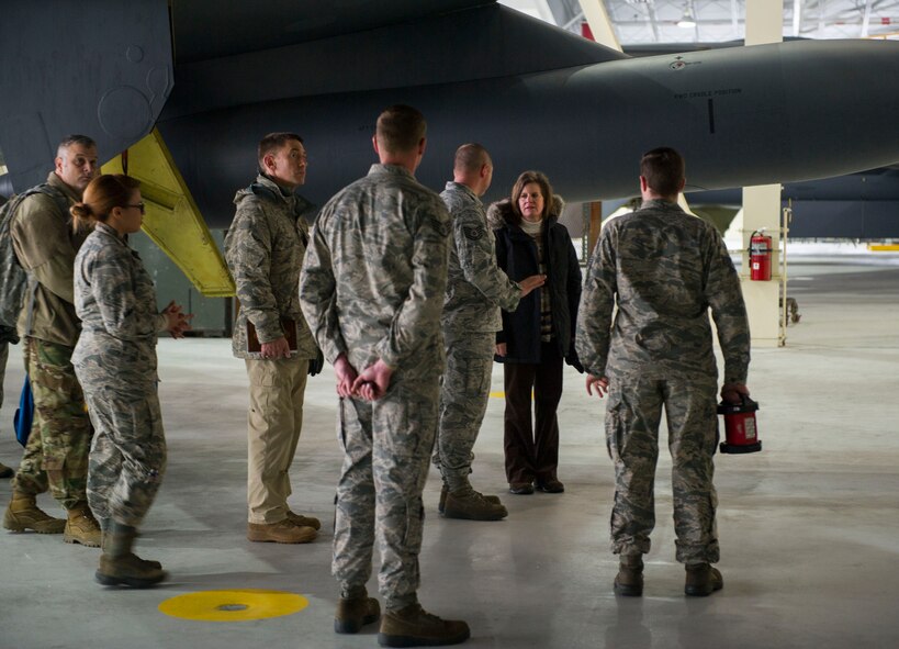Ms. Kristin K. French, Principal Deputy to the Assistant Secretary of Defense for Logistics and Materiel Readiness, is briefed by 5th Maintenance Group Airmen at Dock 8 at Minot Air Force Base, N.D., Feb. 7, 2017. Maintenance Airmen briefed French on the equipment used to perform their daily duties. (U.S. Air Force photo by Senior Airman Apryl Hall)
