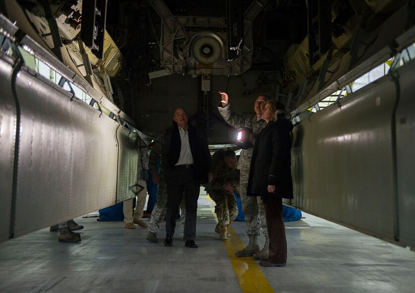 Ms. Kristin K. French, Principal Deputy to the Assistant Secretary of Defense for Logistics and Materiel Readiness, tours the bomb bay of a B-52H Stratofortress at Dock 8 at Minot Air Force Base, N.D., Feb. 7, 2017. French’s tour focused on parts used to maintain the aircraft. (U.S. Air Force photo by Senior Airman Apryl Hall)