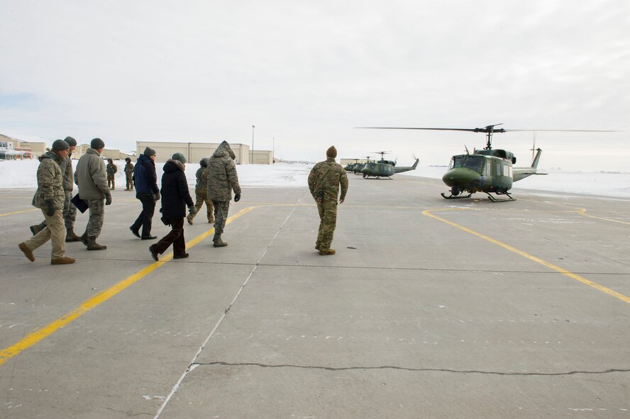 Ms. Kristin K. French, Principal Deputy to the Assistant Secretary of Defense for Logistics and Materiel Readiness, prepares to depart the 54th Helicopter Squadron at Minot Air Force Base, N.D., Feb. 7, 2017. French and her team departed base to tour a 91st Missile Wing missile alert facility in the missile complex. (U.S. Air Force photo by Senior Airman Apryl Hall)
