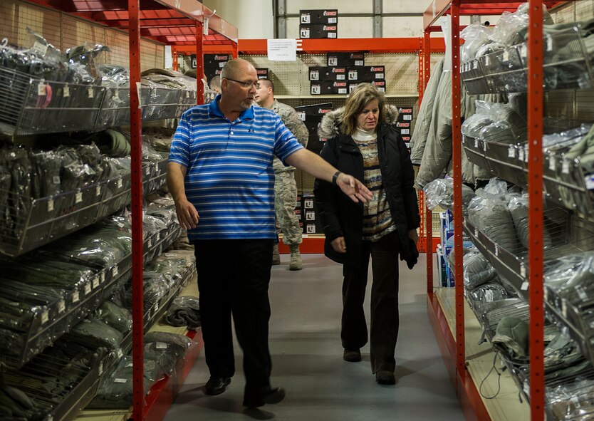 Ms. Kristin K. French, Principal Deputy to the Assistant Secretary of Defense for Logistics and Materiel Readiness, visits the base supply center at Minot Air Force Base, N.D., Feb. 7, 2017. French’s tour of the BSC highlighted cold weather gear stock and issuing procedures. (U.S. Air Force photo by Senior Airman Apryl Hall)