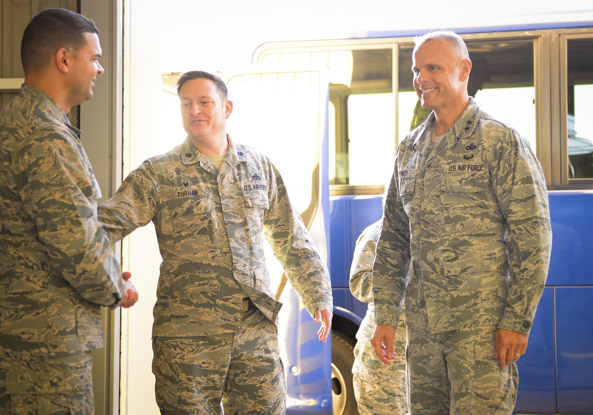 Maj. Gen. Bradley Spacy, Air Force Installation and Mission Support Center commander, meets members of the 374th Logistics Readiness Squadron at Yokota Air Base, Japan, Jan. 30, 2017. Spacy toured several facilities on base, including the Air Traffic Control Tower, the new 374th Security Forces Squadron facility and temporary lodging facilities in order to understand how installation and mission support at Yokota are operating.