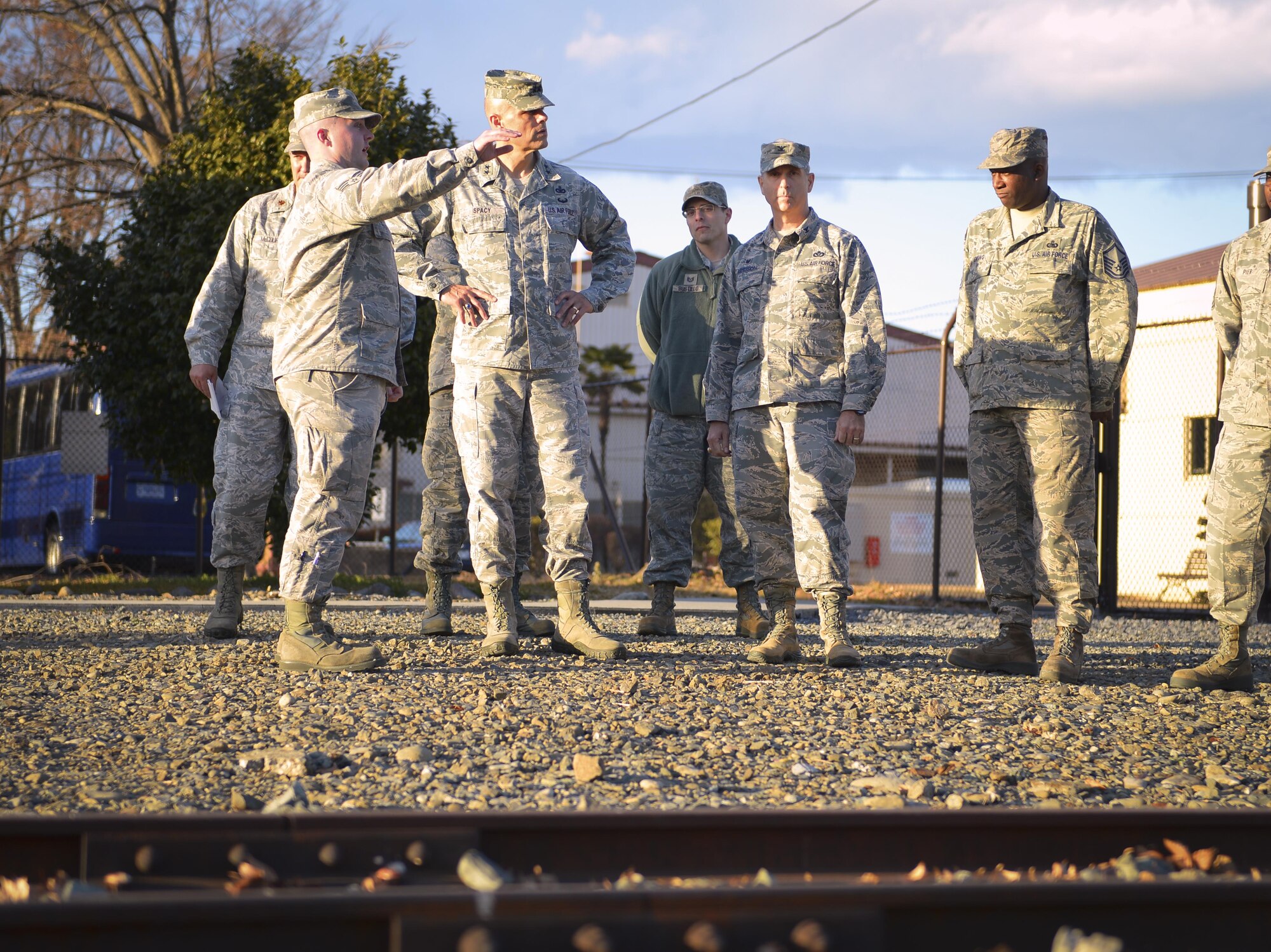 Senior Airman Kevin Kelley, 374th Logistics Readiness Squadron oils and lubricants training technician, briefs Maj. Gen. Bradley Spacy, Air Force Installation and Mission Support Center commander, on the 374 LRS fuel project at Yokota Air Base, Japan, Jan. 30, 2017. Since Spacy’s command has changed to integrate functions that provide direct support to operational commanders, he is interested in identifying ways in which installations and missions can improve to support the PACAF mission.
