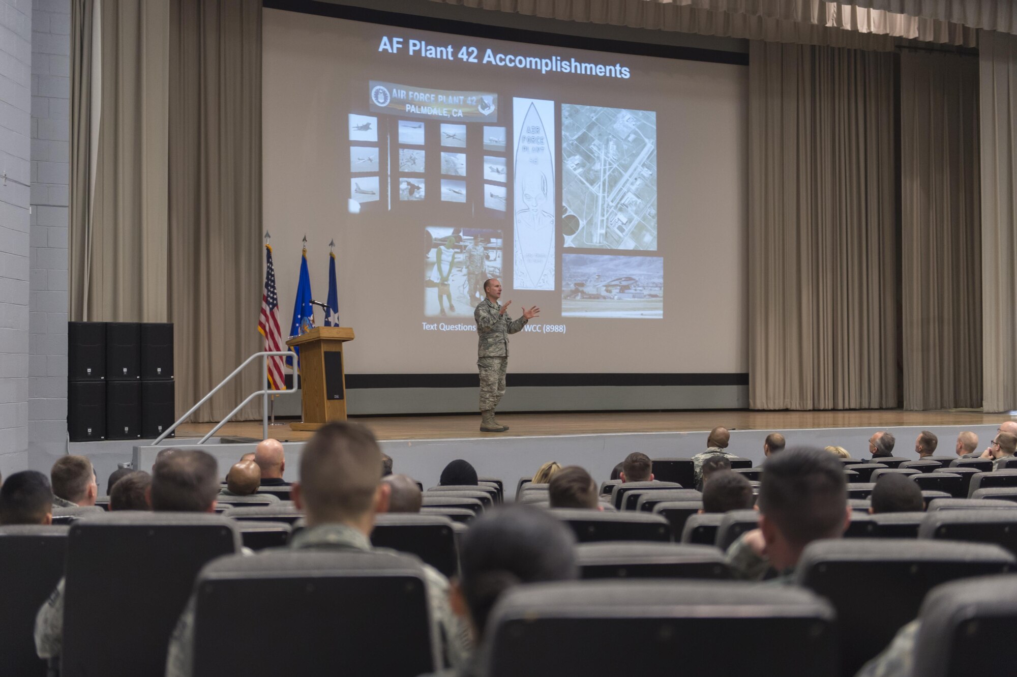 Brig. Gen. Carl Schaefer, 412th Test Wing commander, held a commander's call Feb. 1 in the base theater. The general updated Team Edwards on recent accomplishments throughout the wing and thanked all for their hard work.  (U.S. Air Force photo by Kyle Larson)