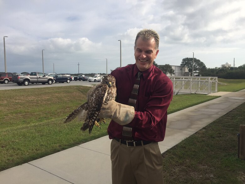 John Faulkner, 45th Civil Engineer Squadron deputy, helped with the release of the Juvenile red-shouldered hawk Jan. 26, 2017, at Cape Canaveral Air Force Station, Fla. The hawk was found near the Trident Basin Dec. 8, 2016, unable to fly and was then transported to the Florida Wildlife Hospital where they discovered he had two detached retinas.  The hawk was successfully rehabilitated and turned back over to the 45th Space Wing for release.  (Courtesy photo)