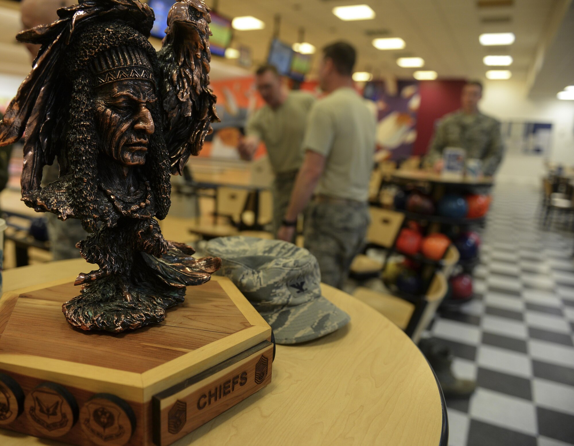 The “Chiefs vs. Eagles” trophy sits on display during a “Chiefs vs. Eagles” game Feb. 7, 2017, on RAF Mildenhall, England. Team Mildenhall leaders take part in quarterly events to build camaraderie amongst the chief master sergeants and colonels. (U.S. Air Force photo by Staff Sgt. Micaiah Anthony)
