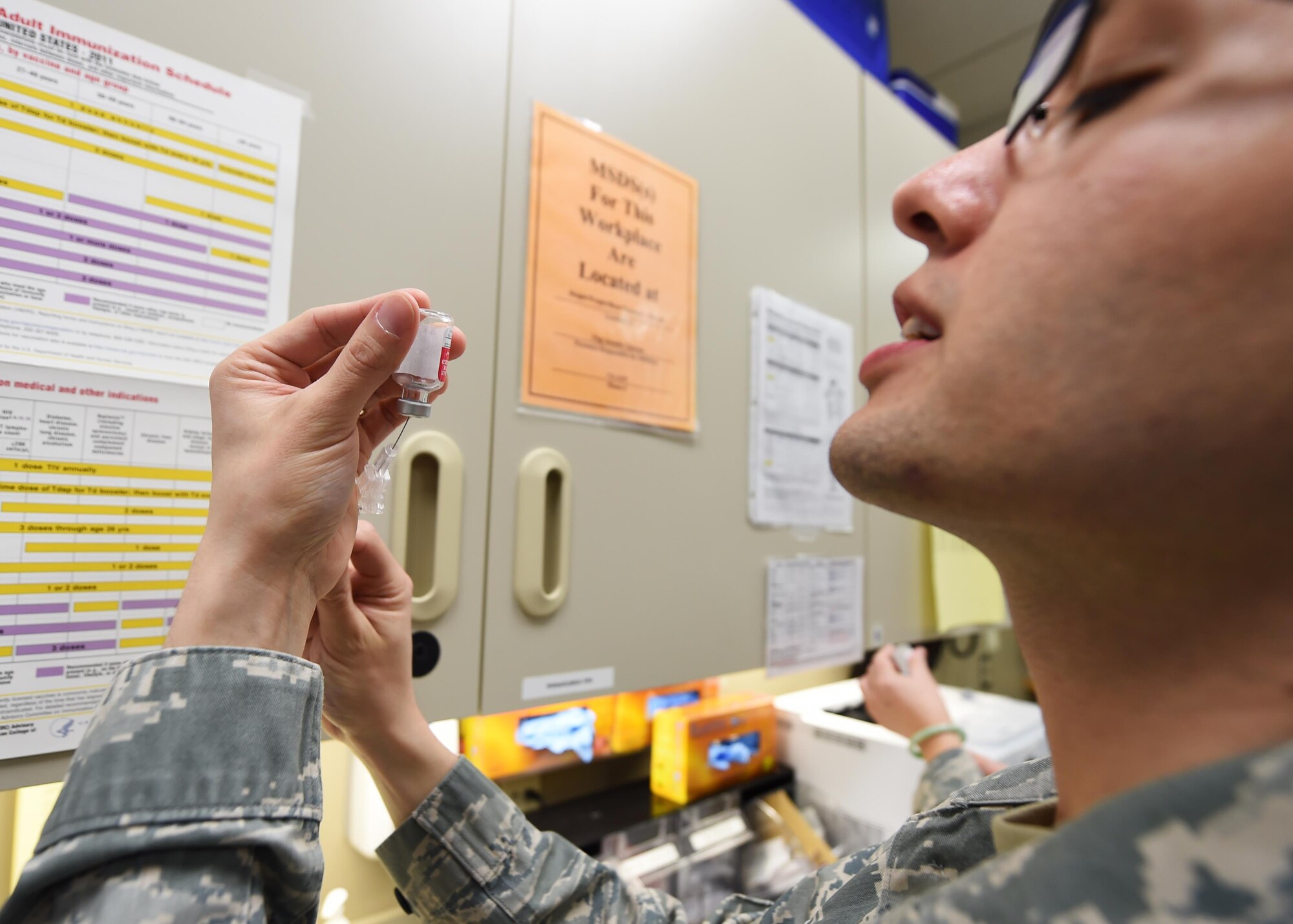 U.S. Air Force airmen from the 133rd Airlift Wing process through the 133rd Medical Group’s clinic in St. Paul, Minn., Jan. 21, 2017. The airmen are preparing to deploy and are receiving the necessary immunizations, updating any dental or optical requirements, and visiting with base doctors as needed. 
(U.S. Air National Guard photo by Tech. Sgt. Austen R. Adriaens/ Released)