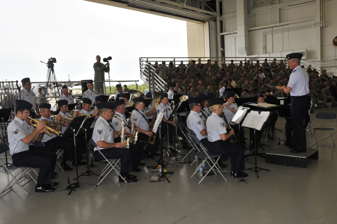 The Air National Guard Band of the South performs July 3, 2014, during the change of command ceremony for the Air Force Special Operations Command at Hurlburt Field, Fla. The band is driving through several states during its summer concert series. (U,S, Air National Guard photo by Senior Master Sgt. Paul Mann/Released)