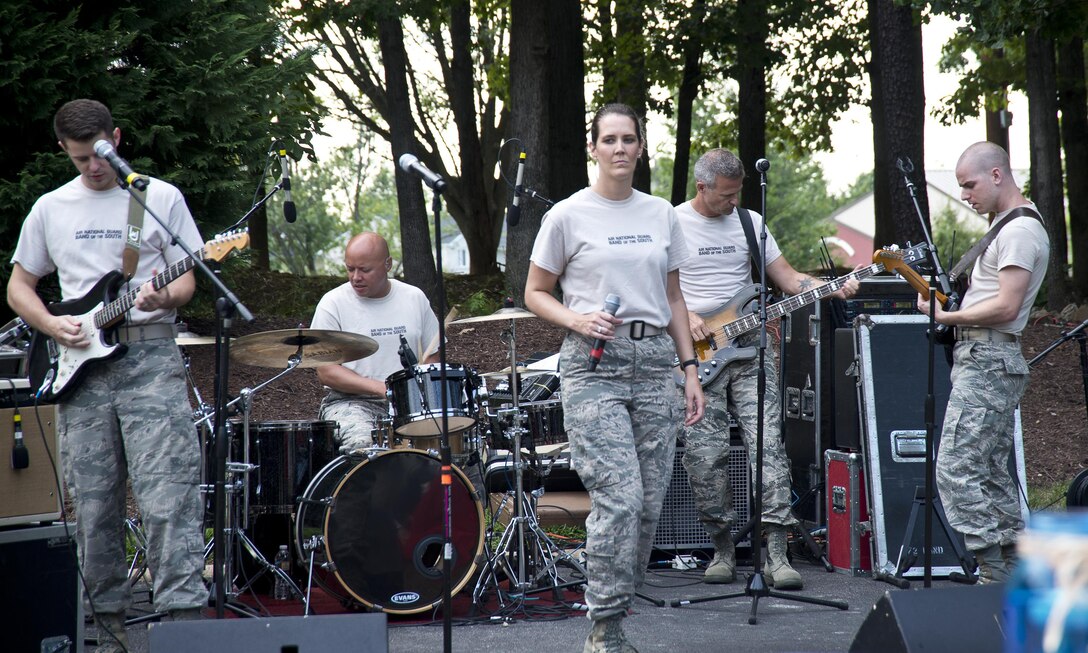 The Air National Guard Band of the South rocks out at the ANG Command Chief's Barbecue during Focus on the Force Week on Joint Base Andrews, Md., August 4, 2016. Focus on the Force Week is a series of events highlighting the importance of professional development for Airmen at all levels and celebrating the accomplishments of the enlisted corps. (U.S. Air National Guard photo by Staff Sgt. John Hillier)
