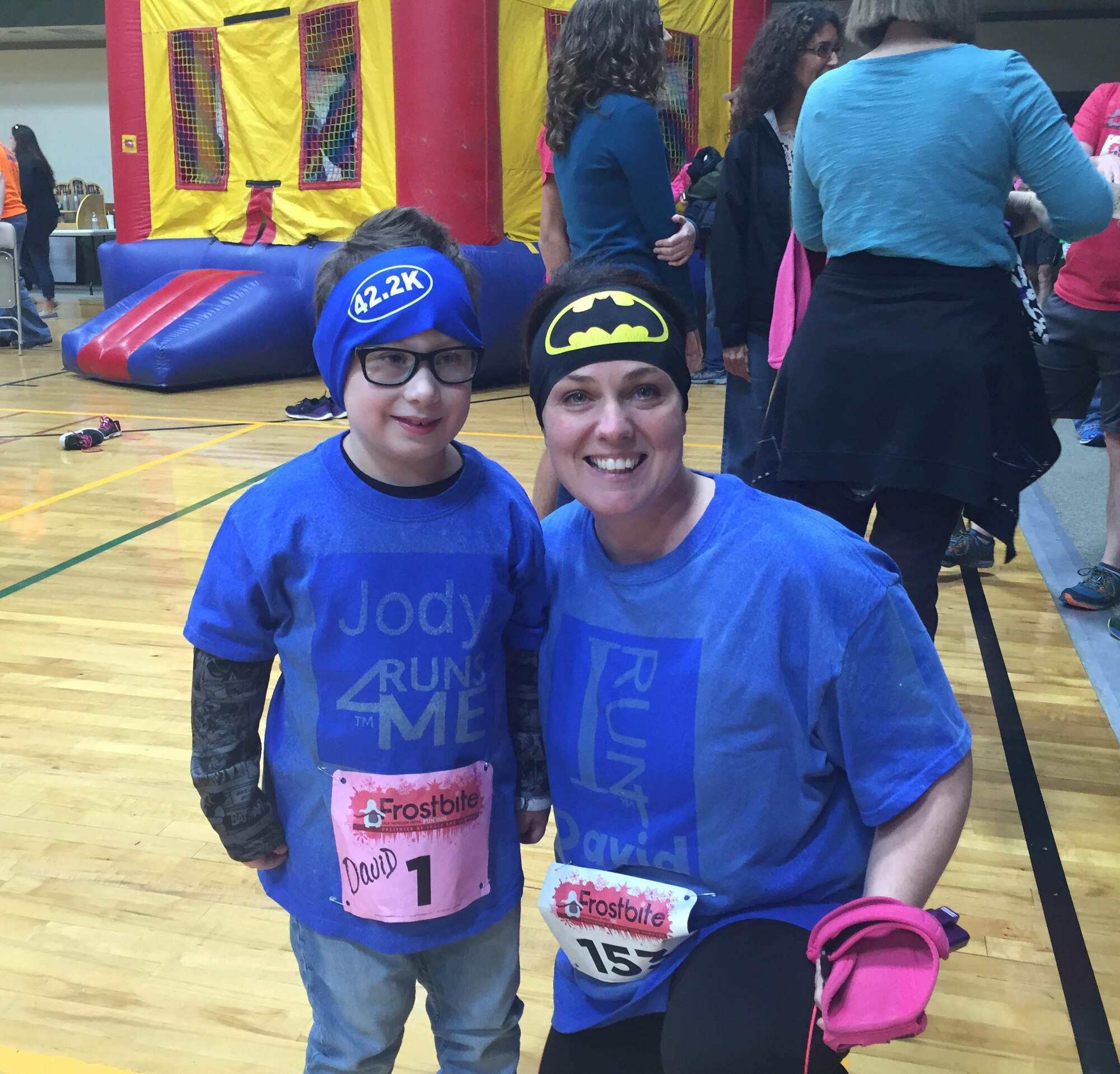 Jody Moll (right), spouse of Air Force Research Laboratory High Speed Experimentation Branch Deputy Chief Maj. Jason Moll, shares a moment with her buddy David whom she sponsored during the 24th Annual Frostbite 5k, 10k and 1-Mile Fun Run/Walk Marathon Feb. 2016 in Fletcher, North Carolina. The sponsorship was through the I Run 4 program. Jody was nominated recently for the 2017 Joan Orr Air Force Spouse of the Year Award. (Courtesy photo)