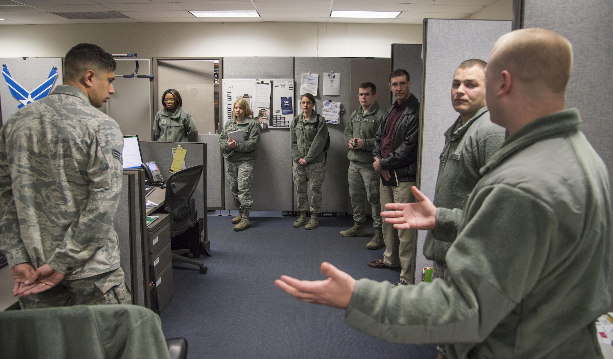 Members of the Cyberworx team were given an abundance of information during their visit to Scott Air Force Base Feb. 3. The team met with the 375th Communications Group, the 688th Cyber Operations group and the 618th Air operations Center. U.S. Air Force photo by Airman Chad Gorecki