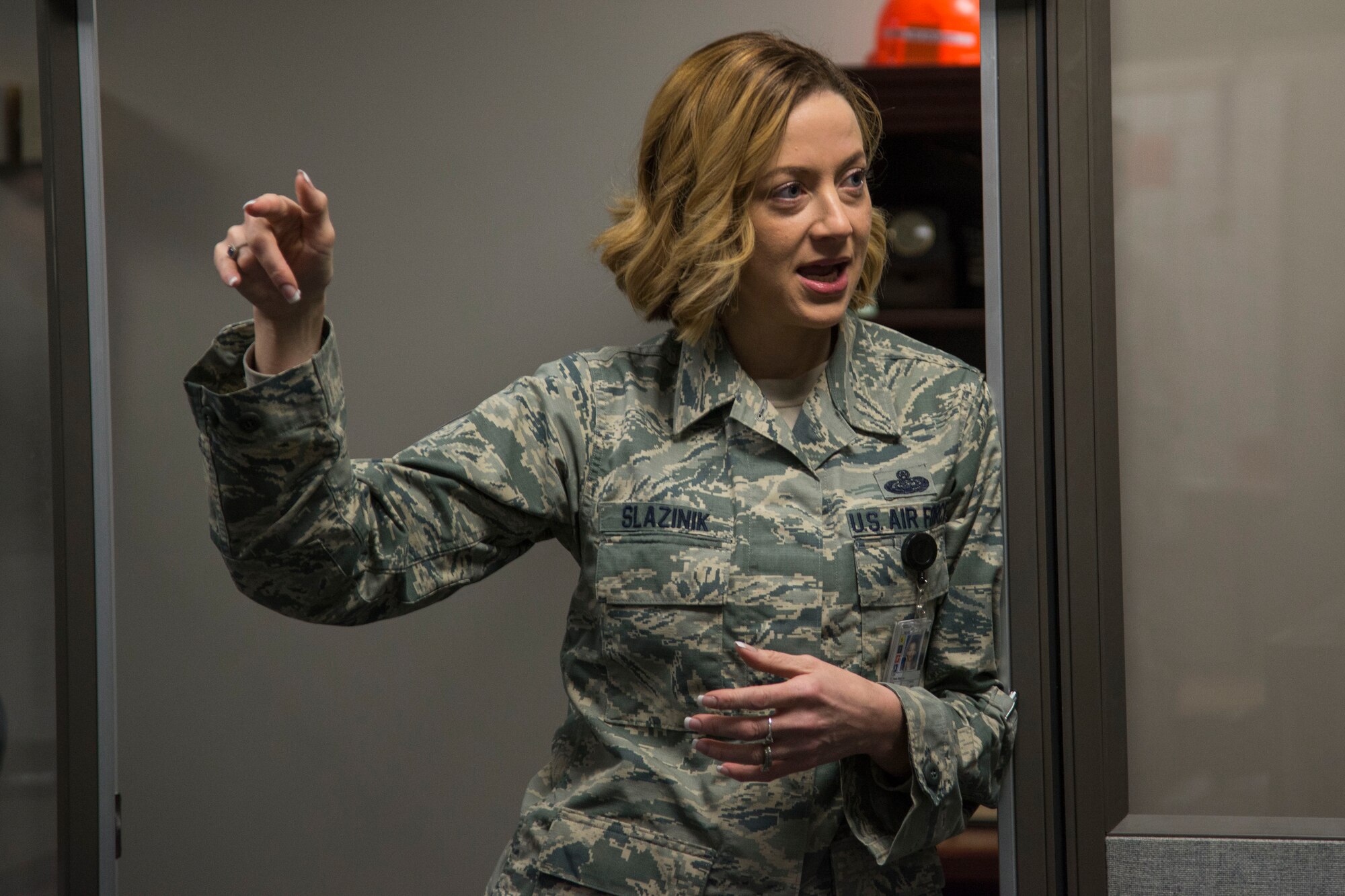 Chief Master Sgt. Diane Slaznik, 375th Communications Group superintendent, addresses attendees during the Air Force Academy Cyberworx cadets visit to Scott. The cadets visited as part of their semester long research project to define and refine the command and control relationships affecting today's communications squadrons. (U.S. Air Force photo by Airman Chad Gorecki)