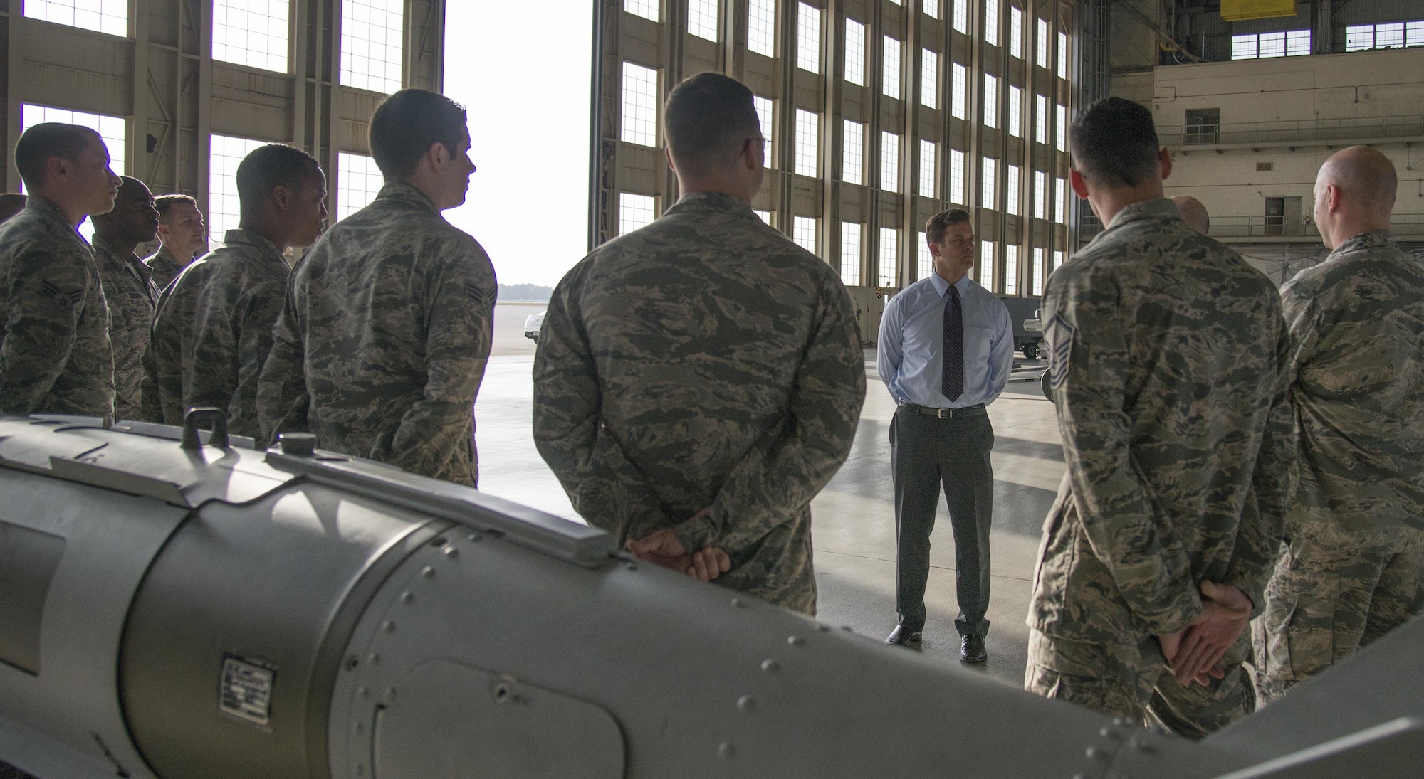 Florida Lieutenant Governor, Carlos Lopez-Cantera, speaks with Airmen from the 96th Maintenance Group standardization crew during a King Hanger visit Feb. 6. Lopez-Cantera’s first visit to Eglin Air Force Base, Fla. included an immersion briefing from the 96th Test Wing, Air Force Research Laboratory and the 33rd Fighter Wing. (U.S. Air Force photo/Kristin Stewart)