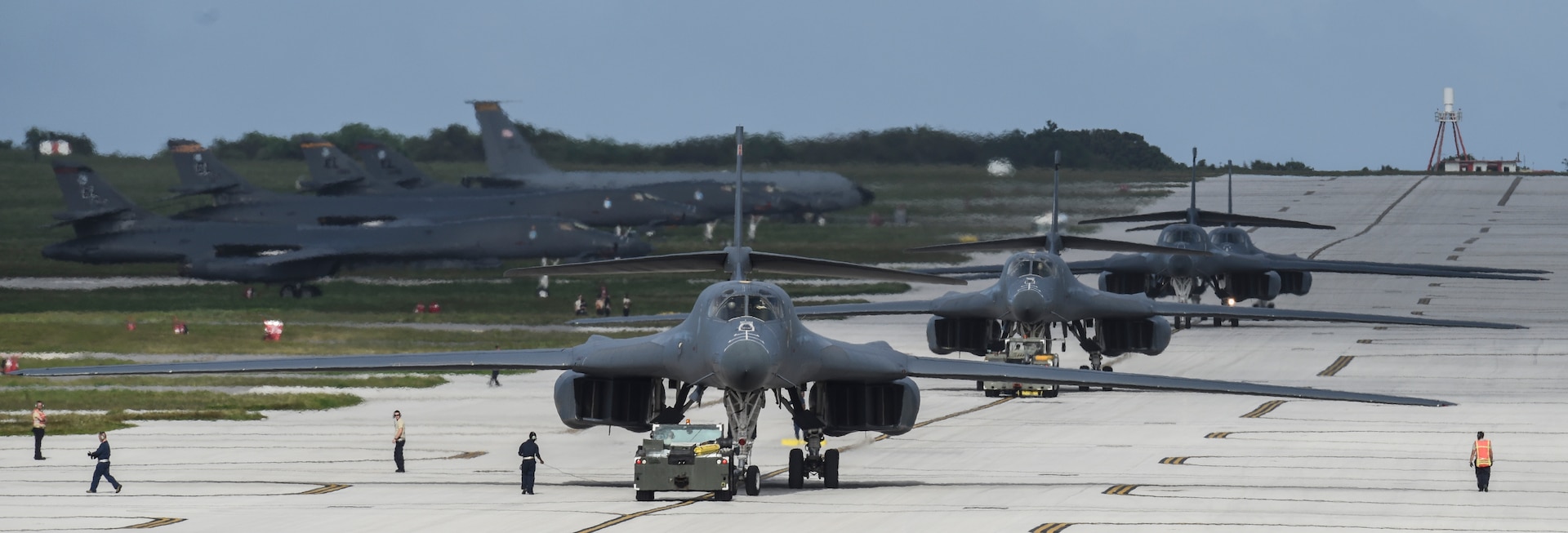 A U.S. Air Force B-1B Lancer assigned to the 9th Expeditionary Bomb Squadron, deployed from Dyess Air Force Base, Texas, arrives Feb. 6, 2017, at Andersen AFB, Guam. The 9th EBS is taking over U.S. Pacific Command’s Continuous Bomber Presence operations from the 34th EBS, assigned to Ellsworth Air Force Base, S.D. This marks the second deployment of B-1s to Guam in over a decade. The first deployment of B-1s arrived in August 2016 and took over CBP operations from the B-52 Stratofortress bomber squadrons from Minot AFB, N.D., and Barksdale AFB, La. 
