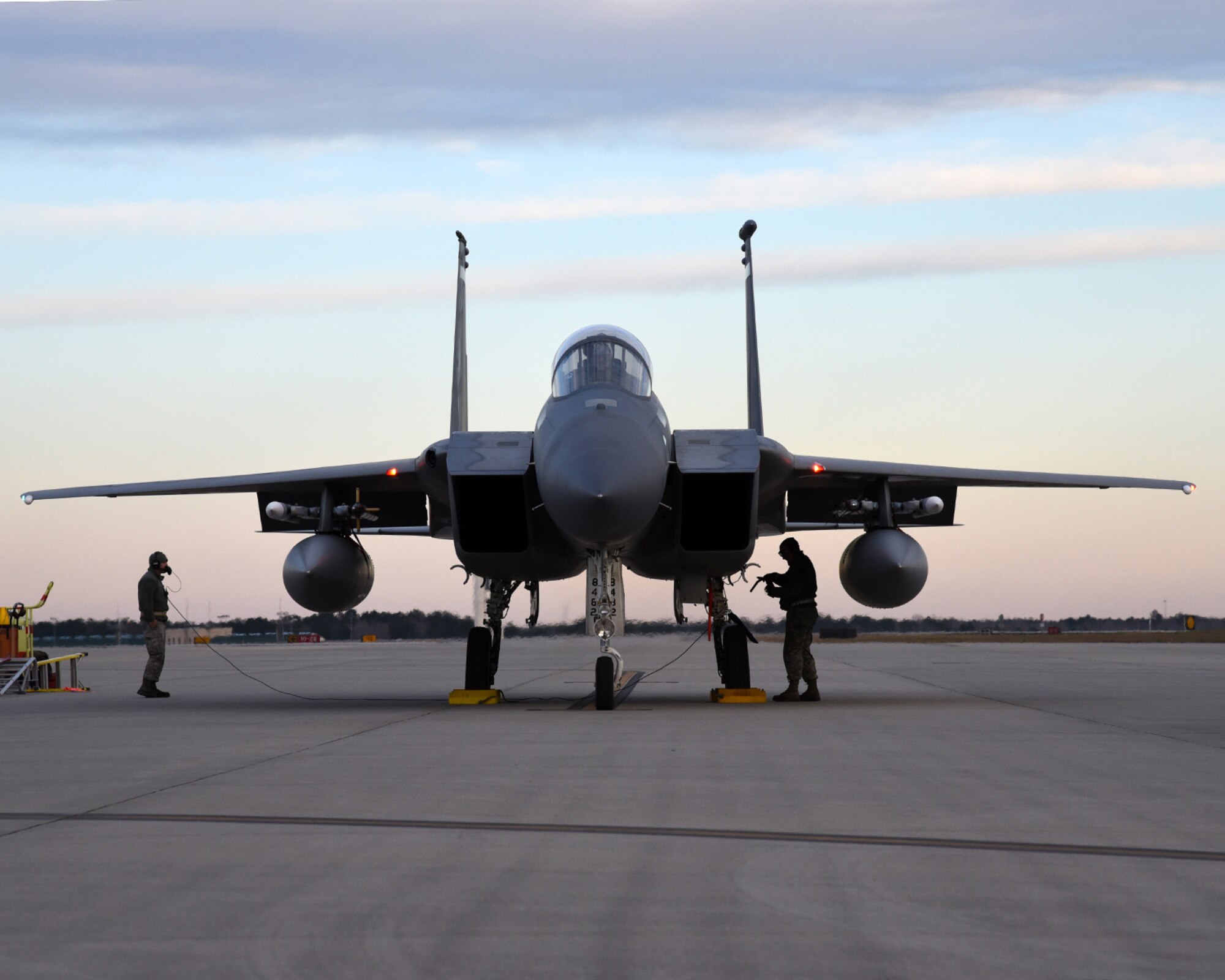 Maintainers from the 142nd Maintenance Group, prepare the F-15 Eagle for a training mission from the Air Dominance Center, Savannah Ga., Jan. 28, 2017.  (U.S. Air National Guard photo by Senior Master Sgt. Shelly Davison, 142nd Fighter Wing Public Affairs)