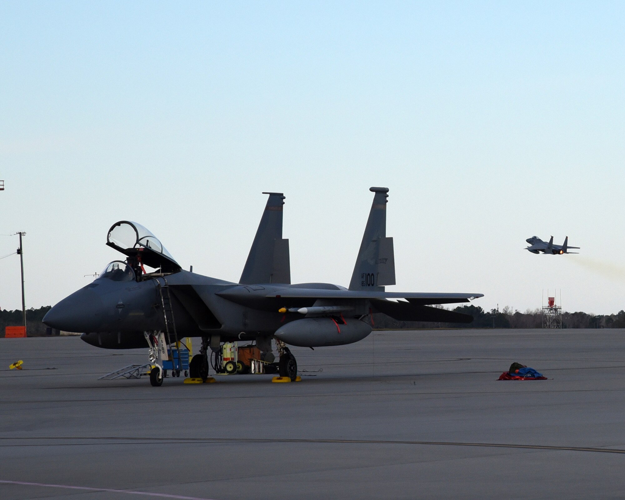 F-15 Eagles assigned to the 142nd Fighter Wing launch for a training mission from the Air Dominance Center, Savannah Ga., Jan. 28, 2017.  (U.S. Air National Guard photo by Senior Master Sgt. Shelly Davison, 142nd Fighter Wing Public Affairs)