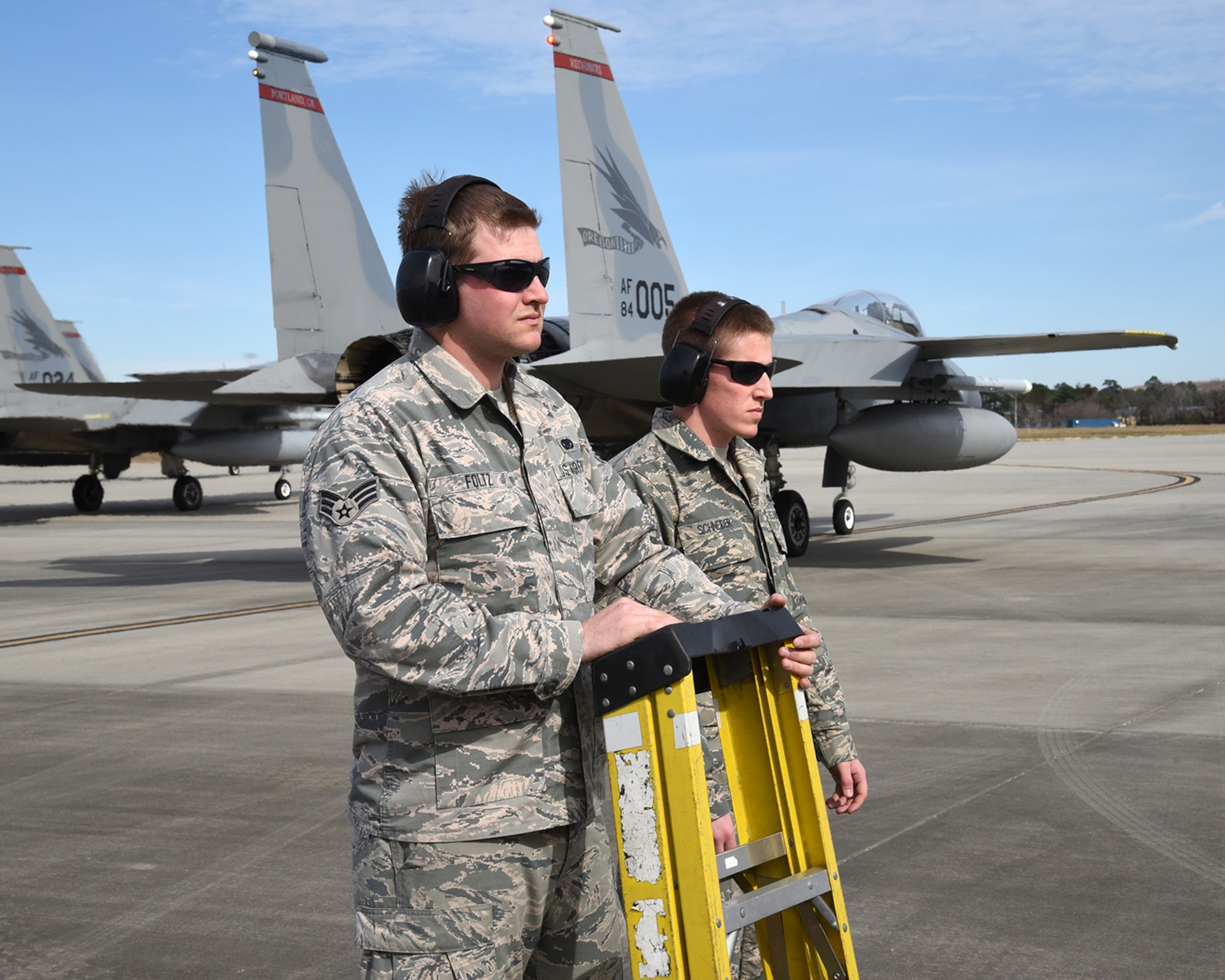 Maintainers from the 142nd Maintenance Group, prepare the F-15 Eagle for a training mission from the Air Dominance Center, Savannah Ga., Jan. 28, 2017.  (U.S. Air National Guard photo by Senior Master Sgt. Shelly Davison, 142nd Fighter Wing Public Affairs)