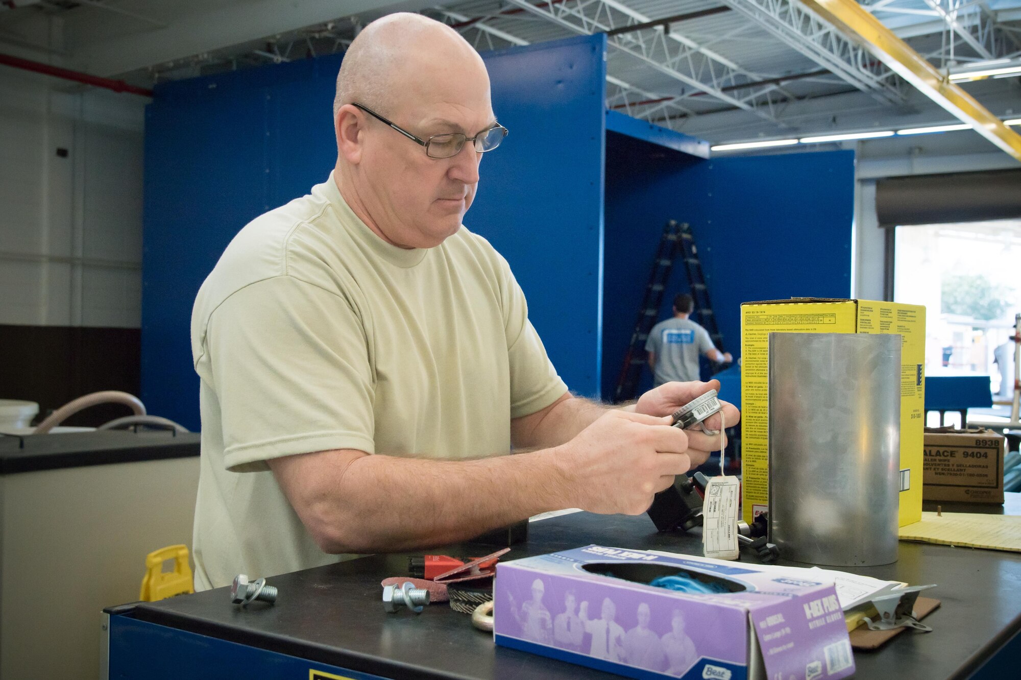 Master Sgt. Tony Frye, 403rd Fabrication Flight metals technology craftsman, adjusts a mocrometer Feb. 1 at Keesler Air Force Base(U.S. Air Force photo/Staff Sgt. Heather Heiney)