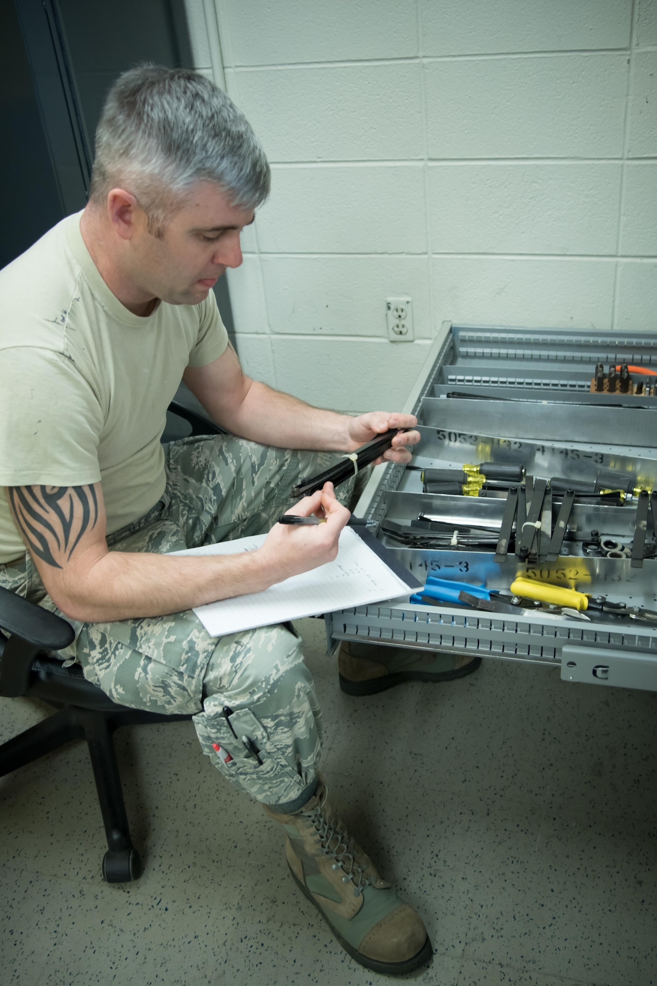 Master Sgt. Steven Twinn, 403rd Fabrication Flight aircraft structural master craftsman, completes tool inventory Feb. 1 at Keesler Air Force Base, Mississippi. (U.S. Air Force photo/Staff Sgt. Heather Heiney)