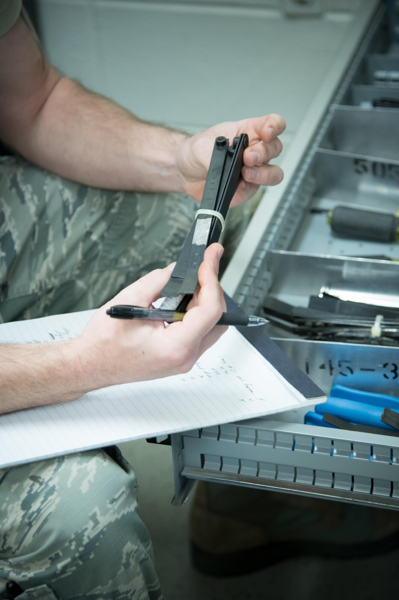 Master Sgt. Steven Twinn, 403rd Fabrication Flight aircraft structural master craftsman, completes tool inventory Feb. 1 at Keesler Air Force Base, Mississippi. (U.S. Air Force photo/Staff Sgt. Heather Heiney)
