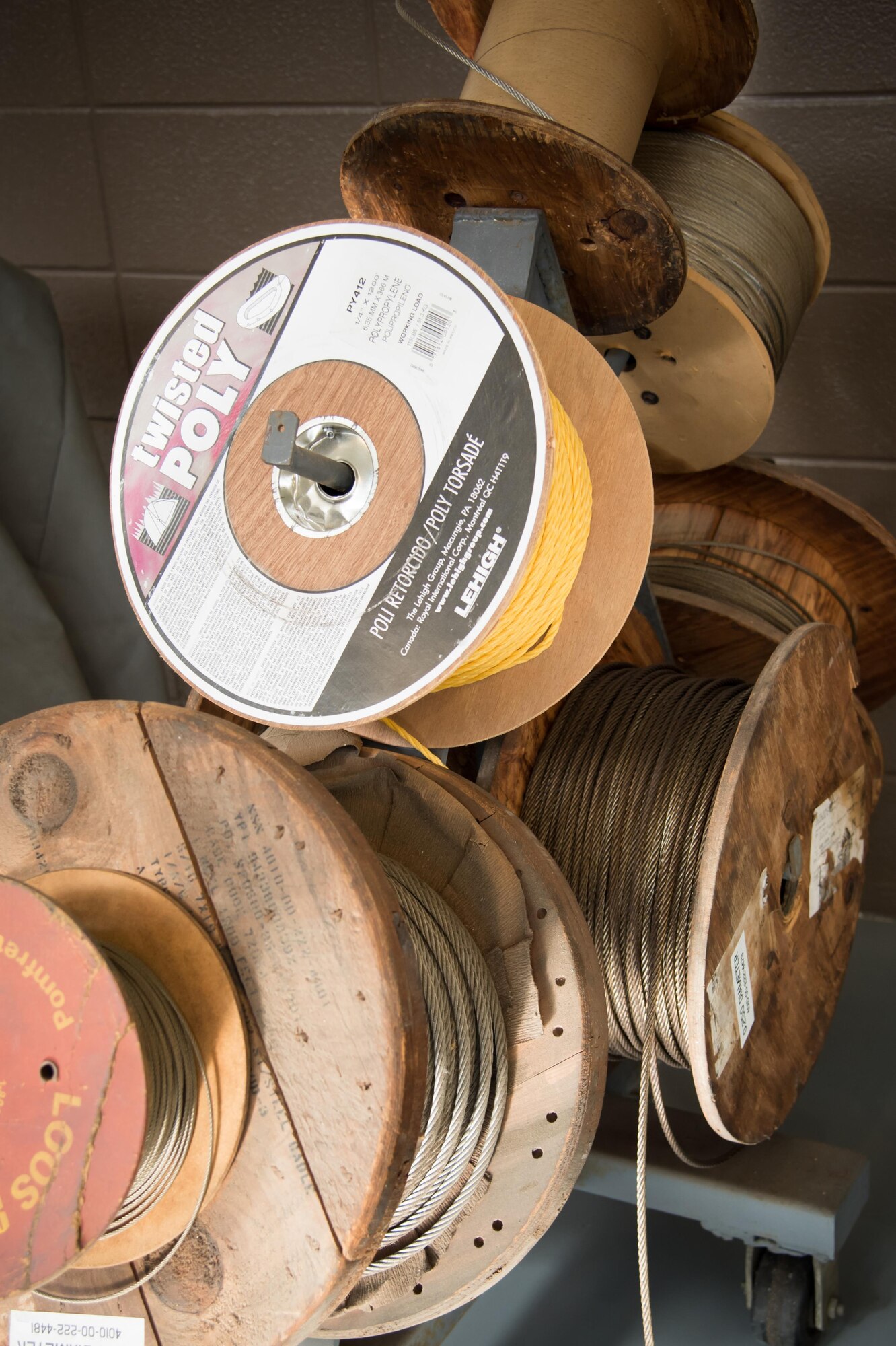 Spools of wire in different gages await use at the 403rd Fabrication Flight sheet metal shop Feb. 1 at Keesler Air Force Base, Mississippi. (U.S. Air Force photo/Staff Sgt. Heather Heiney)