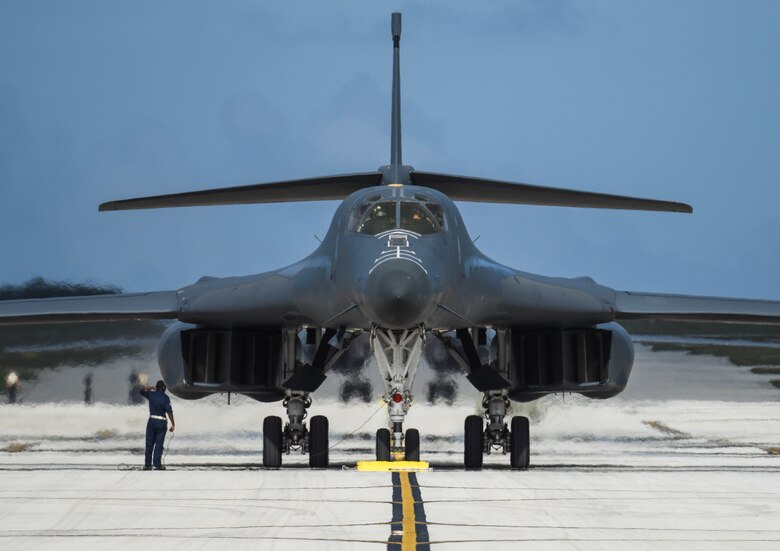A U.S. Air Force B-1B Lancer assigned to the 9th Expeditionary Bomb Squadron, deployed from Dyess Air Force Base, Texas, arrives Feb. 6, 2017, at Andersen AFB, Guam. The 9th EBS is taking over U.S. Pacific Command’s Continuous Bomber Presence operations from the 34th EBS, assigned to Ellsworth Air Force Base, S.D. The B-1B's blended wing/body configuration, variable-geometry wings and turbofan afterburning engines, combine to provide long range, maneuverability and high speed while enhancing survivability. The rotation of aircraft in support is specifically designed to demonstrate the U.S.’s commitment to the Indo-Asia-Pacific region and enhance routine transiting in international airspace throughout the Pacific. (U.S. Air Force photo by Tech. Sgt. Richard P. Ebensberger/Released)