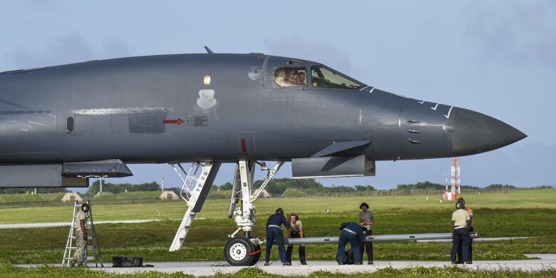 A U.S. Air Force B-1B Lancer assigned to the 9th Expeditionary Bomb Squadron, deployed from Dyess Air Force Base, Texas, arrives Feb. 6, 2017, at Andersen AFB, Guam. The 9th EBS is taking over U.S. Pacific Command’s Continuous Bomber Presence operations from the 34th EBS, assigned to Ellsworth Air Force Base, S.D. The B-1B's blended wing/body configuration, variable-geometry wings and turbofan afterburning engines, combine to provide long range, maneuverability and high speed while enhancing survivability. The rotation of aircraft in support is specifically designed to demonstrate the U.S.’s commitment to the Indo-Asia-Pacific region and enhance routine transiting in international airspace throughout the Pacific. (U.S. Air Force photo by Tech. Sgt. Richard P. Ebensberger/Released)