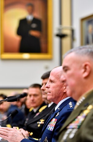 Air Force Vice Chief of Staff Gen. Stephen Wilson testifies before the House Armed Services Committee Feb. 7, 2017, in Washington, D.C.  Wilson and the vice service chiefs from the Army, Navy and Marine Corps presented the "State of the Military" to the committee.  (U.S. Air Force photo/Scott M. Ash)
