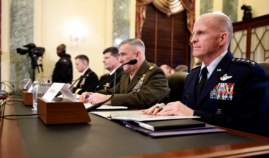 Air Force Vice Chief of Staff Gen. Stephen Wilson testifies before the Senate Armed Services Subcommittee on Readiness and Management Support, Feb. 8, 2017, in Washington, D.C.  Wilson shared the witness panel with the vice service chiefs from the Army, Navy and Marine Corps.  (U.S. Air Force photo/Scott M. Ash)
