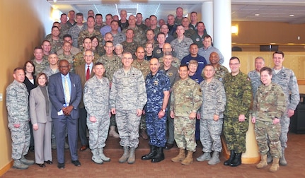 U.S. Air Force Gen. John E. Hyten (front row, fifth from left), commander of U.S. Strategic Command (USSTRATCOM); U.S. Navy Vice Adm. Charles “Chas” A. Richard (front row, sixth from left), deputy commander of USSTRATCOM; and U.S. Air Force Chief Master Sgt. Patrick F. McMahon (front row, fourth from left), senior enlisted leader of USSTRATCOM, attend the Capstone 17-2 conference along with other senior military and enlisted leaders at the Dougherty Conference Center, Offutt Air Force Base, Neb., Feb. 8, 2017. The Capstone program provides opportunities for new flag and general officers to learn from subject matter experts through discussions on a variety of defense-related issues. One of nine DoD unified combatant commands, USSTRATCOM has global strategic missions assigned through the Unified Command Plan that include strategic deterrence; space operations; cyberspace operations; joint electronic warfare; global strike; missile defense; intelligence, surveillance and reconnaissance; and analysis and targeting.