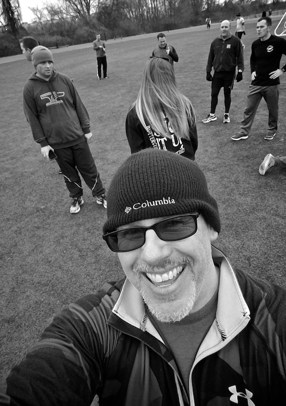 Christopher Parr, 932nd Airlift Wing Public Affairs specialist, grabs a quick "selfie" before starting the sprint portion of week two of the Scott Health Promotion running clinic, Feb. 1, 2017, Scott Air Force Base, Illinois. You can follow along as Parr documents his journey to becoming a better runner in the commentaries section of the 932nd AW website.  (U.S. Air Force photo by Christopher Parr)
