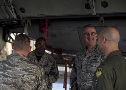 U.S. Air Force Gen. John E. Hyten (second from right), commander of U.S. Strategic Command (USSTRATCOM) receives a briefing from B-52 Stratofortress crew members at Barksdale Air Force Base, La., during a force familiarization trip, Feb. 3, 2017. The visit, Hyten’s first as commander of USSTRATCOM, allowed him to observe his combat ready forces at Naval Station Norfolk, Va.; Naval Submarine Base Kings Bay, Ga.; Barksdale Air Force Base, La.; and at sea. One of nine DoD unified combatant commands, USSTRATCOM has global strategic missions assigned through the Unified Command Plan that include strategic deterrence; space operations; cyberspace operations; joint electronic warfare; global strike; missile defense; intelligence, surveillance and reconnaissance; and analysis and targeting.