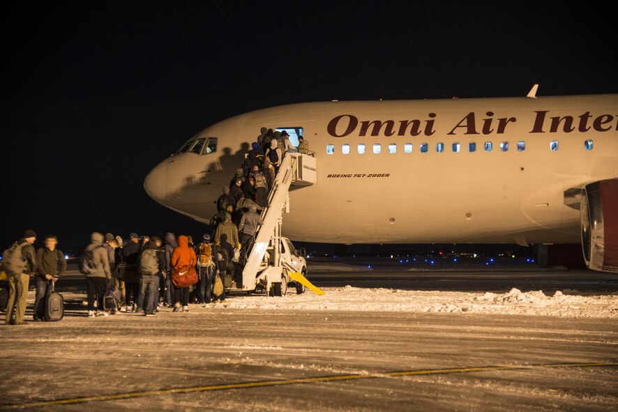 U.S. Air Force Airmen board an aircraft at Misawa Air Base, Japan, Feb. 7, 2017. The Airmen departed to Andersen Air Force Base, Guam, as part of exercise COPE NORTH 17. 
CN17 is a long-standing exercise designed to enhance multilateral air operations between the U.S. Air Force, U.S. Navy, Japan Air Self-Defense Force and Royal Australian Air Force. (U.S. Air Force photo by Senior Airman Brittany A. Chase)