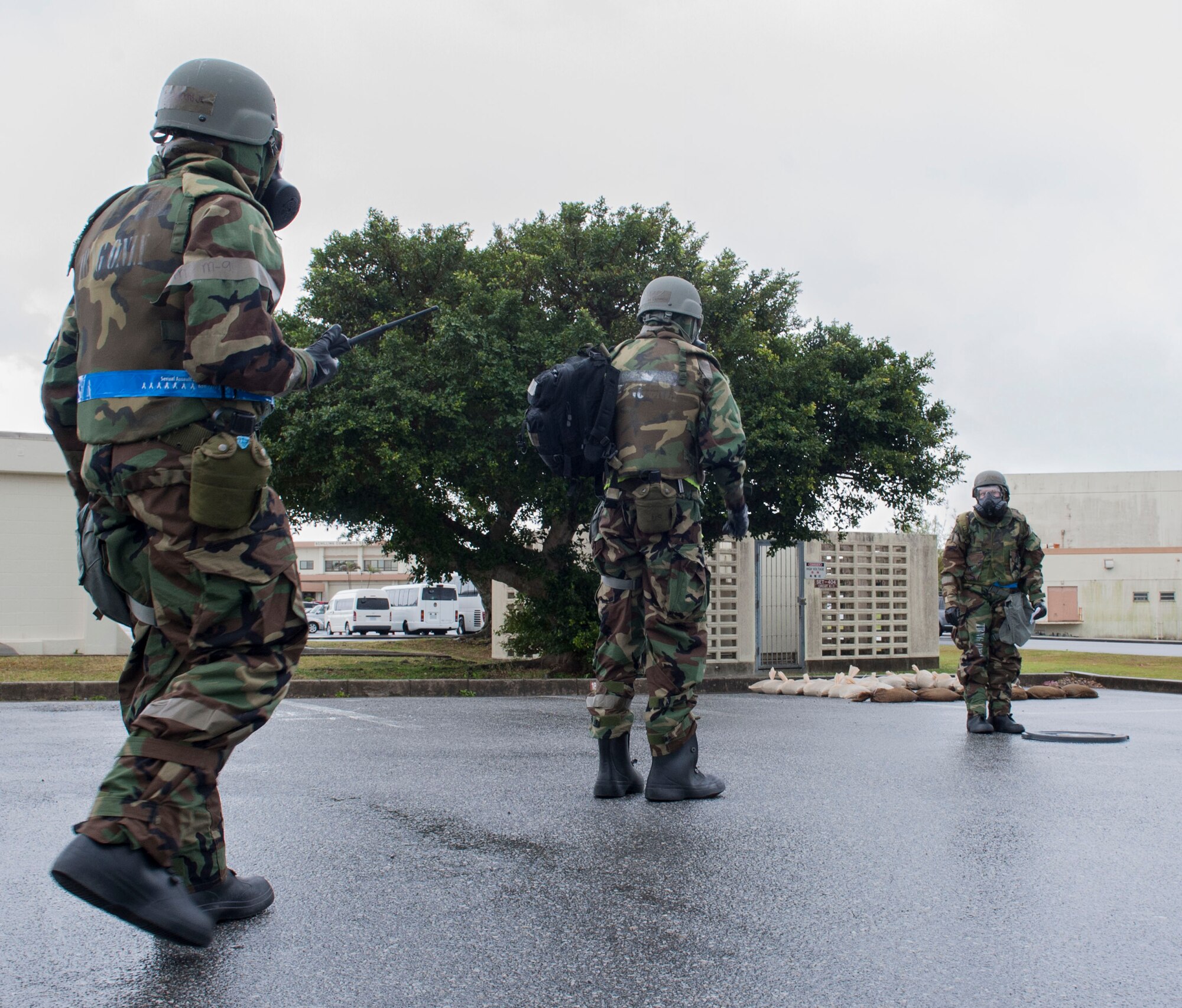 U.S. Air Force Airmen from Kadena Air Base, Japan, conduct a post-attack reconnaissance sweep during Exercise Green Dragon Feb. 9, 2017. The purpose of the PAR sweep is to check for any chemical contamination or unexploded ordnances after a simulated attack. Realistic training and exercises, such as Green Dragon, maintain Kadena’s priorities, such as readiness and war fighting integration. (U.S. Air Force photo by Senior Airman Lynette M. Rolen/Released)