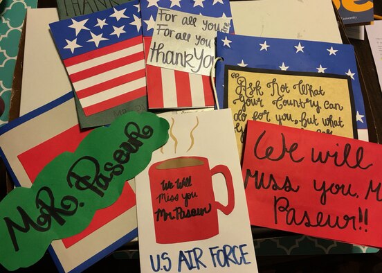 Cards are displayed on a bulletin board at Trion High School in northwest Georgia. Master Sgt. Jason Paseur, the 386th Air Expeditionary Wing historian, is a history teacher there and his students made him the cards before he left on his deployment to Southwest Asia. (Courtesy photo)