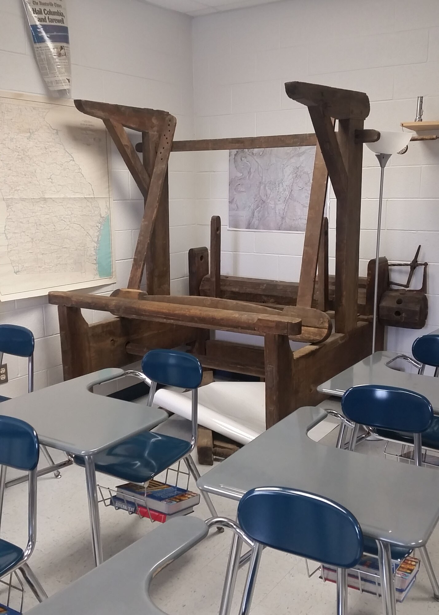 A loom sits in the corner of a Trion High School classroom where Master Sgt. Jason Paseur, the 386th Air Expeditionary Wing historian, uses it for several of his history lessons. Paseur is a reservist deployed to the 386th from Dobbins Air Reserve Base, Ga. and teaches history as a civilian. (Courtesy photo)