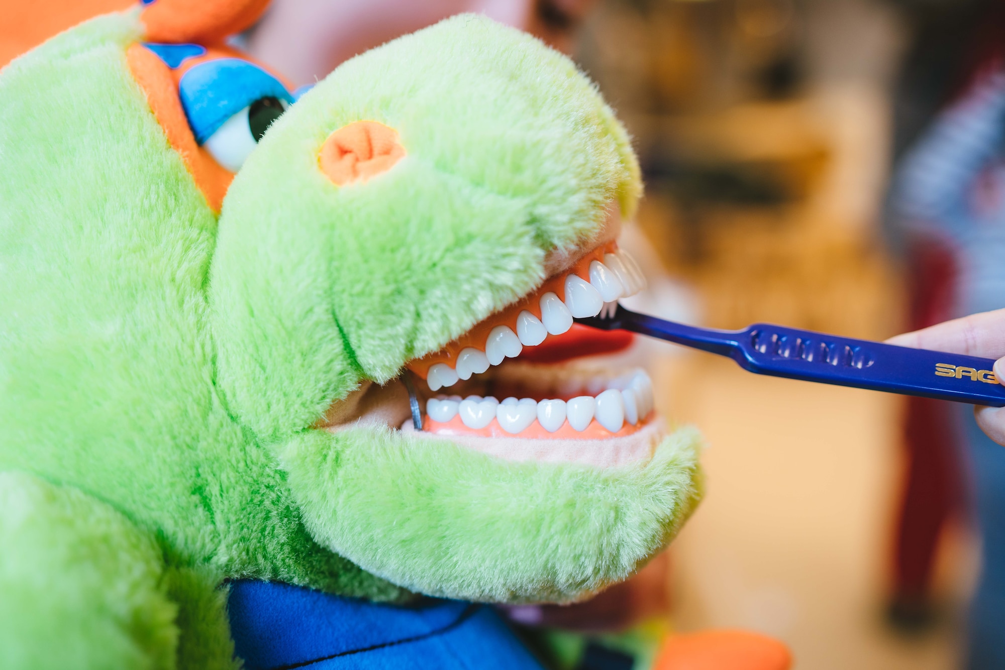 A child brushes a dinosaur puppet’s teeth at the Child Development Center at Joint Base Andrews, Md., Feb. 3, 2017. As part of National Children's Dental Health Month, 779th Dental Squadron Airmen spoke with children about brushing, flossing and eating healthy snacks. (U.S. Air Force photo by Senior Airman Delano Scott)