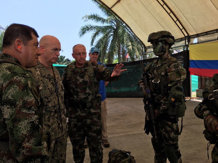 TUMACO, Colombia (April 20, 2016) -- Navy Adm. Kurt W. Tidd, commander of U.S. Southern Command, is briefed on the equipment used by an elite Colombian Army unit in their efforts to disrupt narco-traffickers in the country.  Tidd was in Colombia April 21 - 22 to meet with military leadership there and get a firsthand look at Colombia military troops on the front lines of efforts to disrupt the activities of narco-traffickers and illegally armed groups. (Photo courtesy of the Colombian Armed Forces)