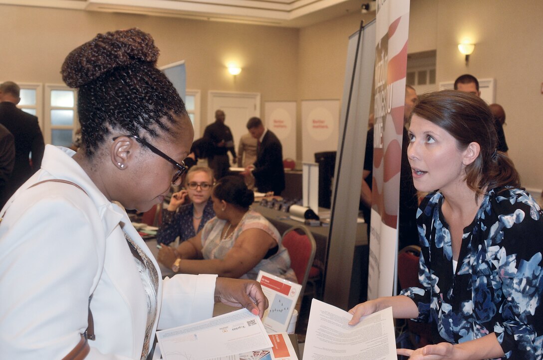 A job seeker talks to a recruiter at a recent Hiring Our Heroes job fair aboard Marine Corps Base Quantico. Some employers hire on the spot.