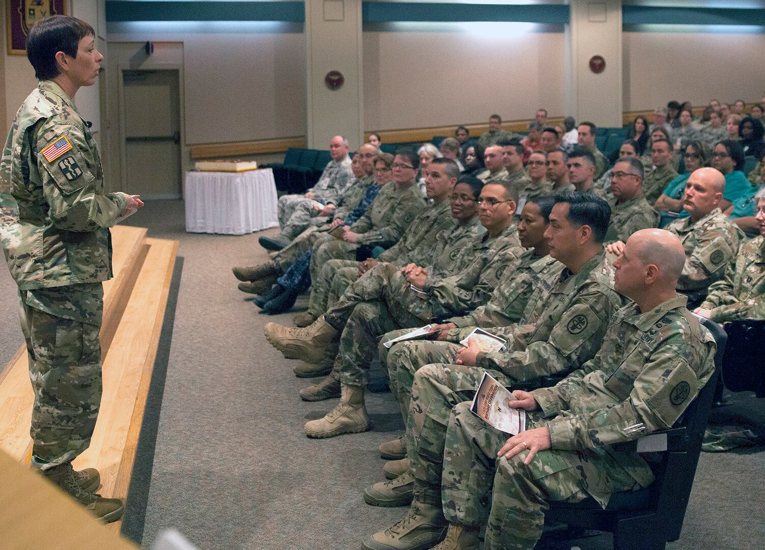 Maj. Gen. Barbara Holcomb, chief of the U.S. Army Nurse Corps speaks to medical personnel during a celebration of   the 116th birthday of the Army Nurse Corps in the Brooke Army Medical Center auditorium at Joint Base San Antonio-Fort Sam Houston Feb. 2. 

