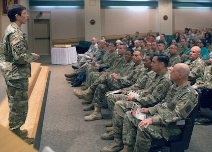 Maj. Gen. Barbara Holcomb, chief of the U.S. Army Nurse Corps speaks to medical personnel during a celebration of   the 116th birthday of the Army Nurse Corps in the Brooke Army Medical Center auditorium at Joint Base San Antonio-Fort Sam Houston Feb. 2. 

