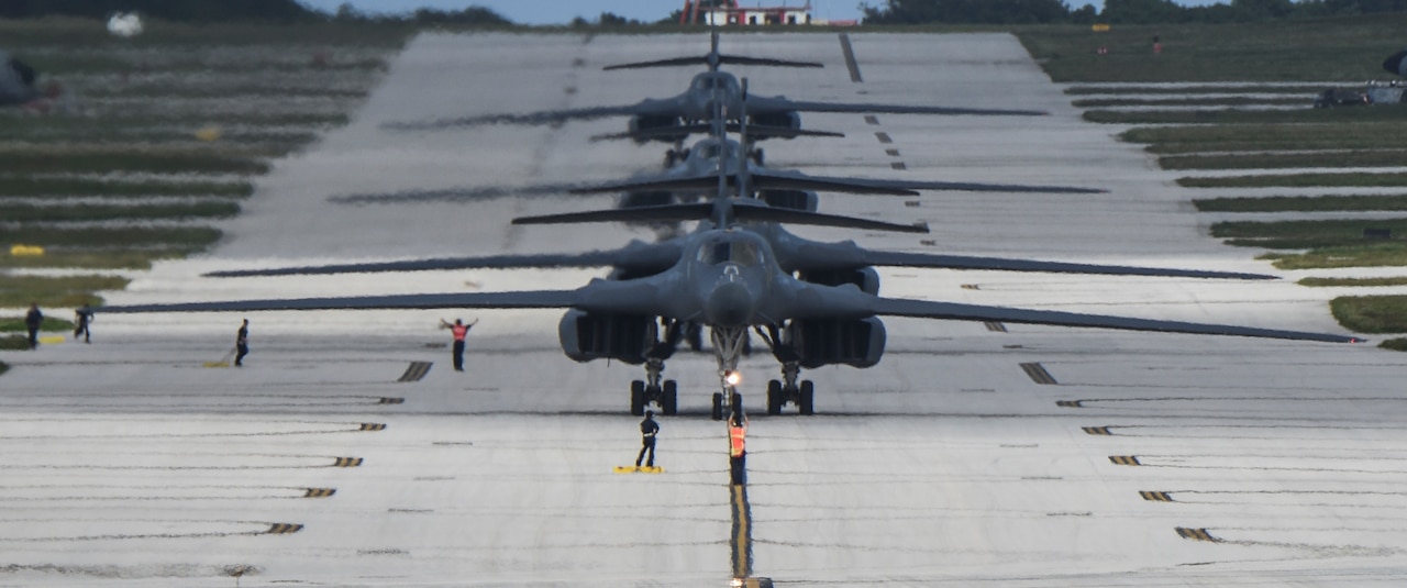 Four U.S. Air Force B-1B Lancer bombers assigned to the 9th Expeditionary Bomb Squadron deployed from Dyess Air Force Base, Texas, arrive at Andersen Air Force Base, Guam, Feb. 6, 2017. The 9th EBS is taking over U.S. Pacific Command’s continuous bomber presence operations. Air Force photo by Tech. Sgt. Richard P. Ebensberger