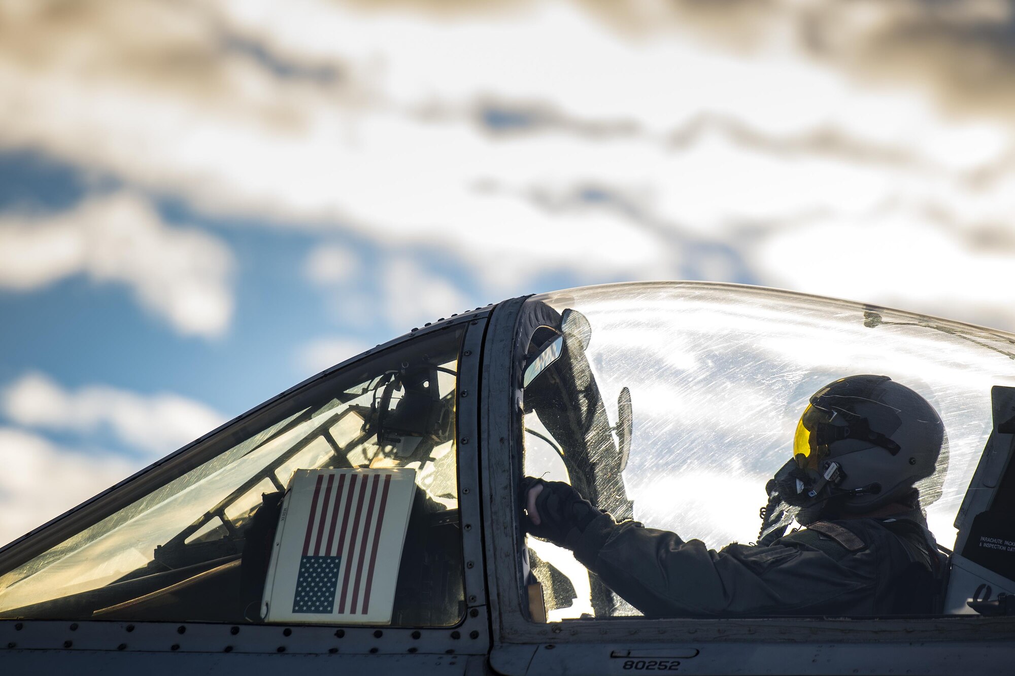 A pilot from the 74th Fighter Squadron waits to take off during Green Flag-West 17-03, Jan. 24, 2017, at Nellis Air Force Base, Nevada. The 74th FS brought 12 A-10s to GFW to support a joint large-force combat readiness exercise for close-air support integration training. (U.S. Air Force photo/Staff Sgt. Ryan Callaghan)