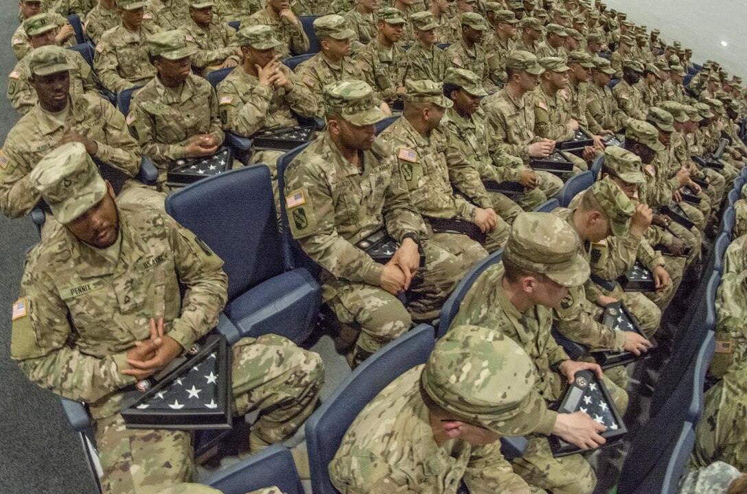 U.S. Army Reserve Soldiers with the 392nd Expeditionary Signal Battalion attend a welcome home ceremony at Fort Hood, Texas, Feb. 6, 2017. The unit had just returned from a nine-month deployment to the Middle East. 