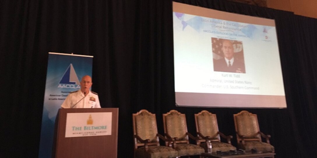 Adm. Kurt W. Tidd, the commander of U.S. Southern Command, speaks to members of the American Chambers of Commerce in Latin America and the Caribbean at a luncheon in Miami Feb. 8, 2017. (Image courtesy American Chambers of Commerce in Latin America and the Caribbean)
