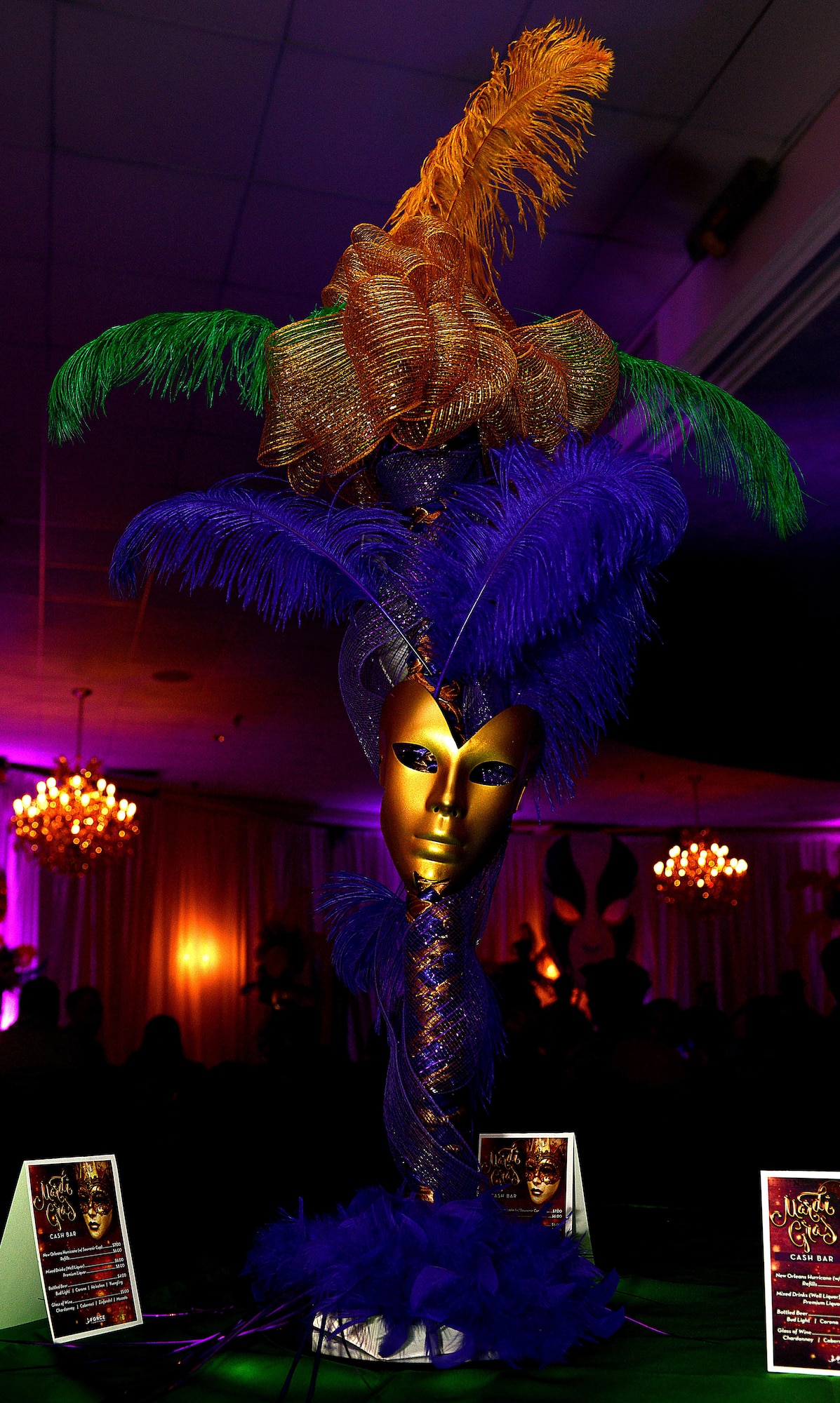 Colorful decorations are set on display during the Mardi Gras event hosted at the Fort Eustis Club at Joint Base Langley-Eustis, Va., Feb, 3, 2017. Traditional Mardi Gras colors include purple, green and gold which signify justice, faith and power. (U.S. Air Force photo by Staff Sgt. Teresa J. Cleveland)