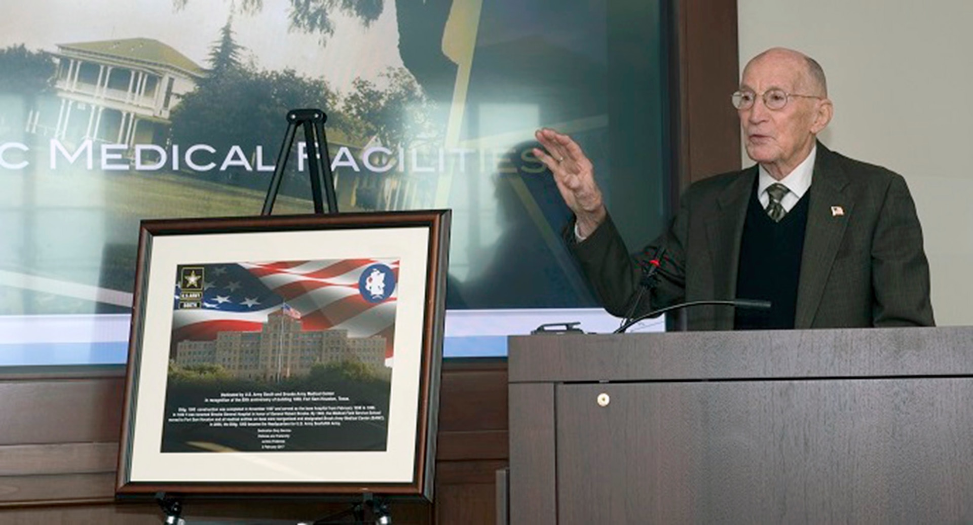 Retired Maj. Gen. (Dr.) Floyd Baker, former Brooke Army Medical Center commander, was the guest speaker for the 80th Anniversary of building 1000 Feb. 1. Now the headquarters for U.S. Army South, the building is also affectionately known as "Old BAMC."