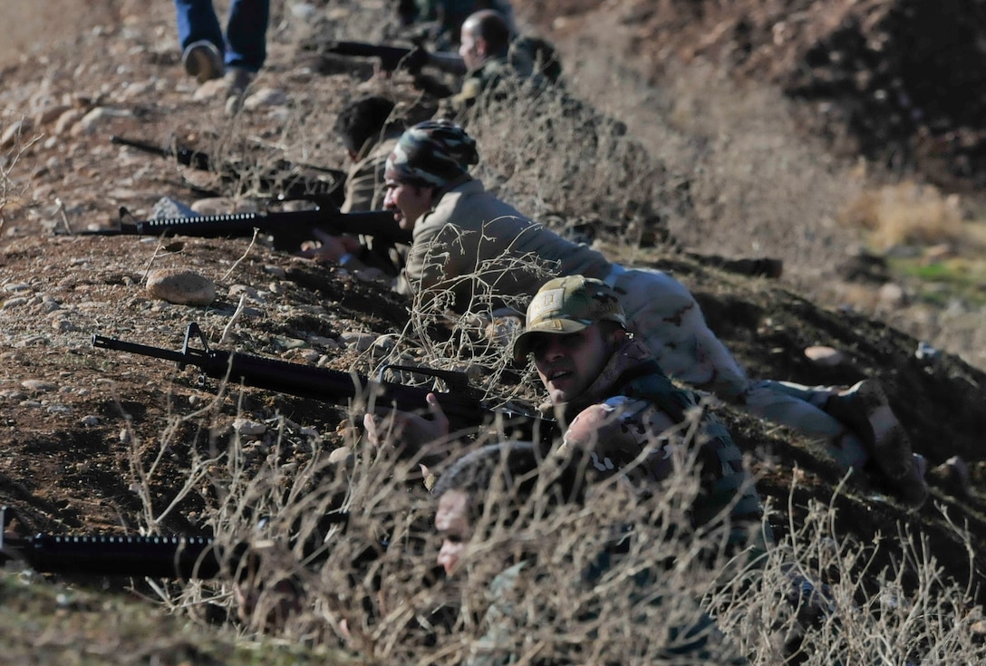 Peshmerga soldiers training near Erbil, Kurdistan with the advice and assistance of soldiers from the Netherlands on January 17. The Dutch Army is part of the Kurdistan Training Coordination Center which works with Combined Joint Task Force – Operation Inherent Resolve building partner capacity as a global coalition dedicated to the training, advising and assistance of Kurdish forces to defeat ISIL in Iraq.